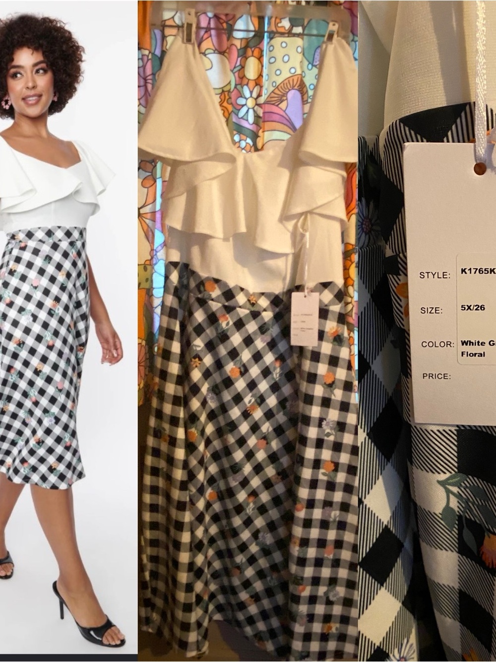 Unique Vintage White Ruffle with Black & White Gingham Floral Midi dress 5X NWT